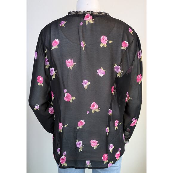 August Max Woman Vintage Sheer Open Blouse Size X Black Pink Floral Rose Lace - Picture 6 of 10